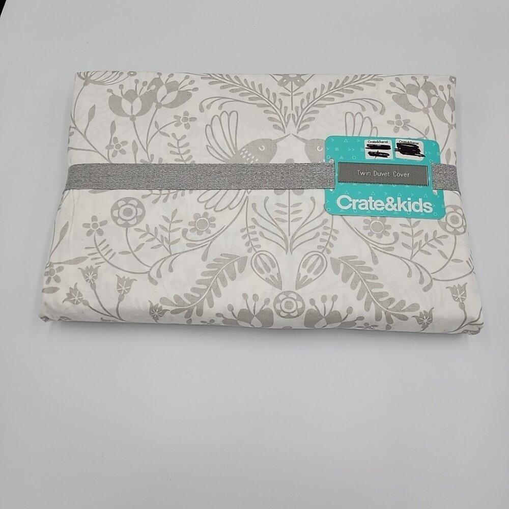NIP Crate & Kids Twin Duvet Cover White Gray Floral Organic Cotton 68x88"